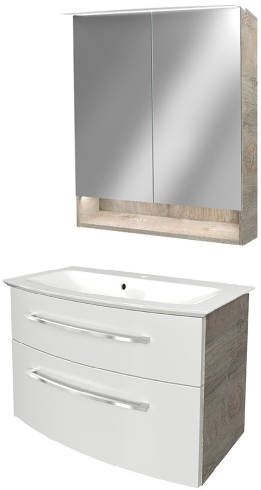 FACKELMANN B.STYLE Waschtisch Set mit Spiegelschrank 83 cm breit, Weiß/Braun, Waschbecken Gussmarmor Weiß Bild 1