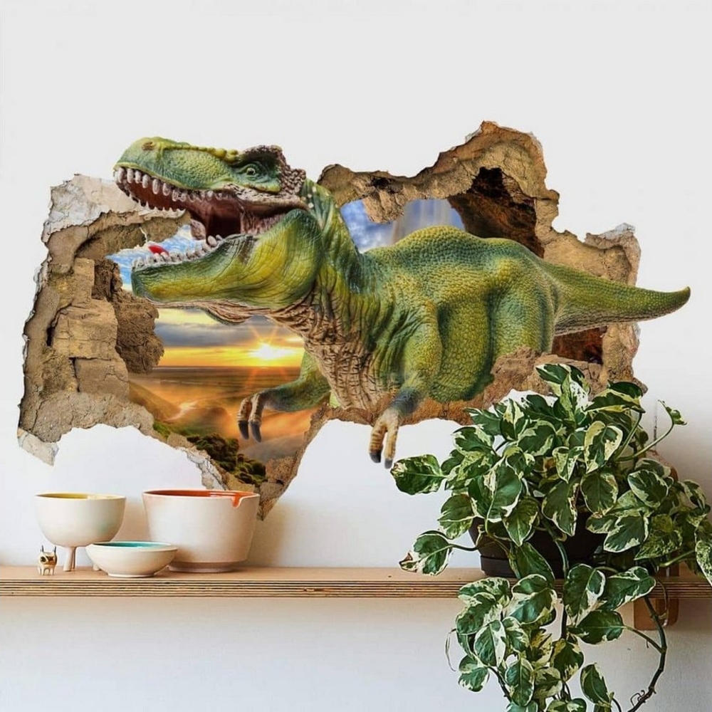 K&L Wall Art Wandtattoo 3D Wandtattoo Kinderzimmer Dinosaurier T-Rex Dino Steinzeit Planet, Mauerdurchbruch Wandbild selbstklebend Bild 1