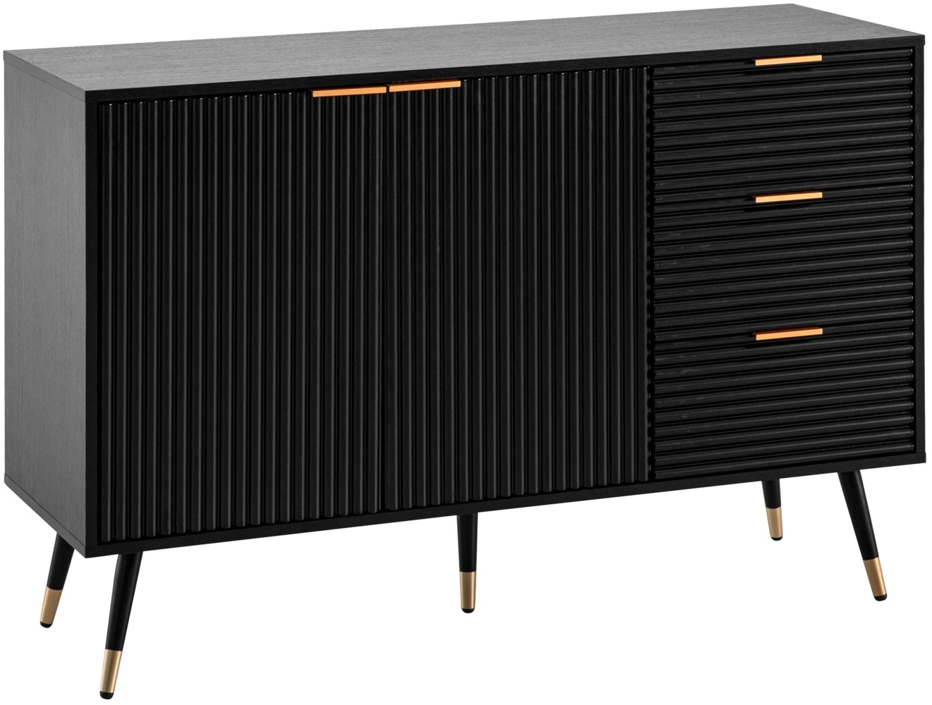 Sideboard 120x80x40 cm Anrichte Schwarz mit Eiche-Dekor, Kommode mit Türen und Schubladen, Kommodenschrank Flurschrank Modern, Standschrank Wohnzimmer Metallbeine Bild 1