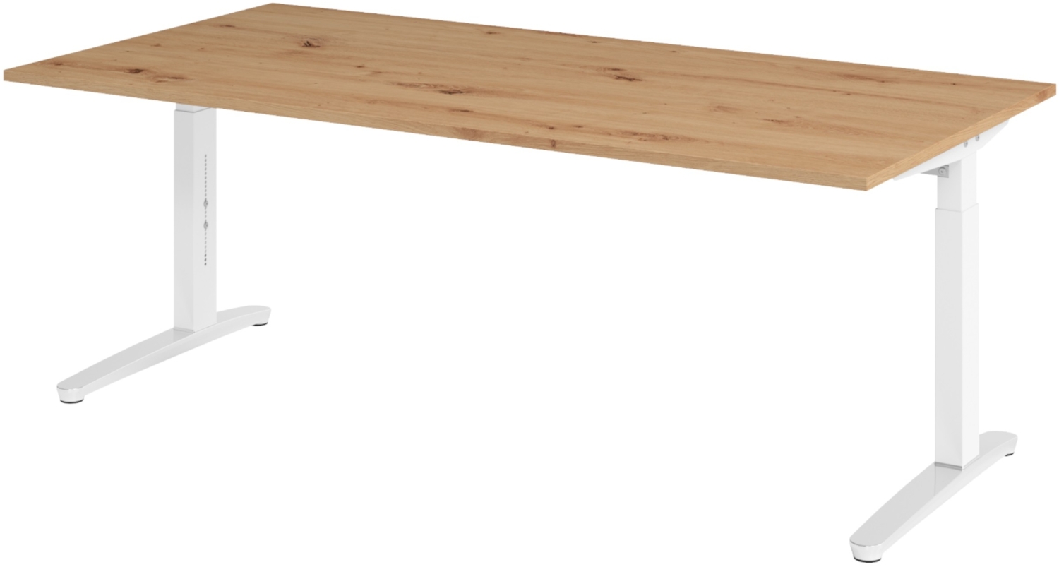 bümö manuell höhenverstellbarer Schreibtisch 200x100 in Asteiche, Gestell in weiß/alu - PC Tisch höhenverstellbar & groß, höhenverstellbarer Tisch Büro, großer Computertisch verstellbar, X2E-R-WC Bild 1