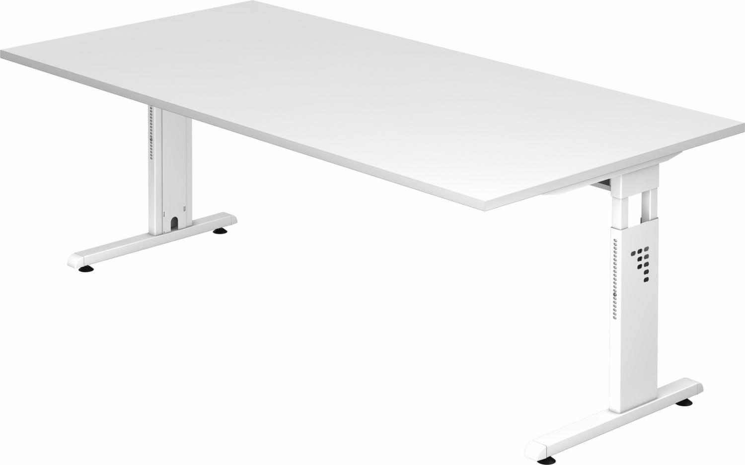 bümö höhenverstellbarer Schreibtisch O-Serie 200x100 cm in weiß, Gestell in weiß - großer PC Tisch für's Büro manuell höhenverstellbar, Computertisch verstellbar, OS-2E-W-W Bild 1