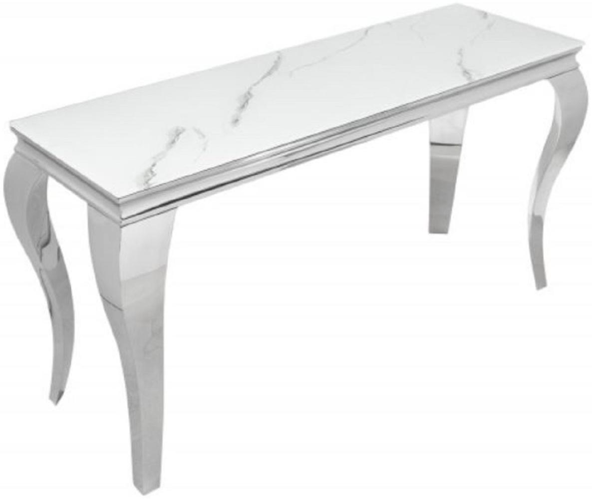 Casa Padrino Designer Konsole Weiß / Grau / Silber 145 x 50 x H. 75 cm - Rechteckiger Edelstahl Konsolentisch mit digitalbedrucktem Sicherheitsglas in Marmoroptik - Moderne Barock Möbel Bild 1