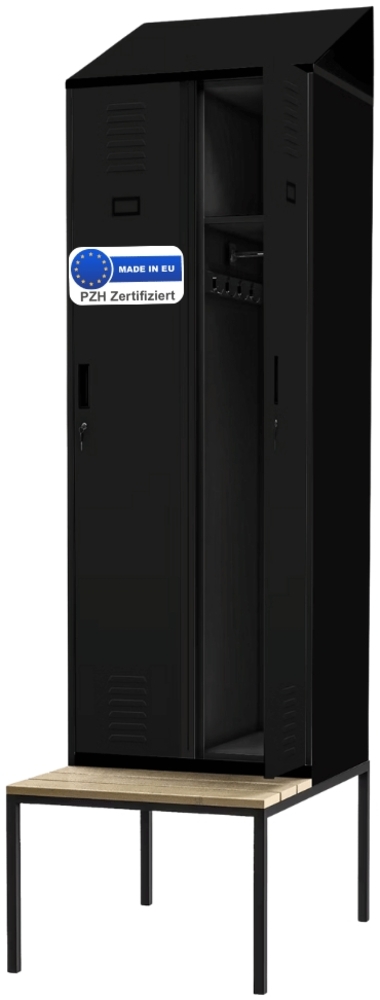 Umkleideschrank Spind mit Sitzbank BARCA - 2 Abteile, Etikettenhalter Lüftungsschlitze | Umkleidespind Metall Schließfachschrank Kleiderspind, 229,5x60x85cm Schwarz Bild 1