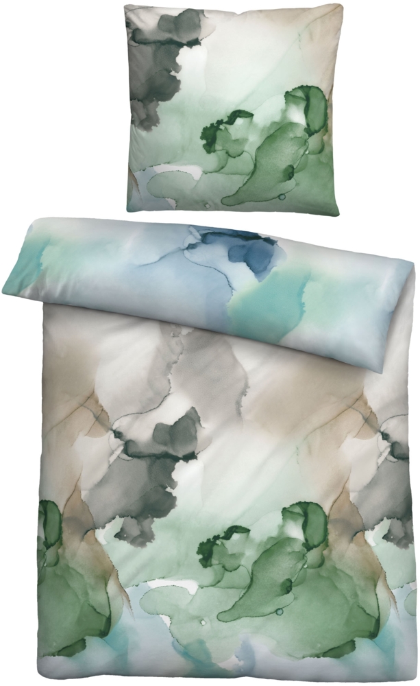 biberna Baumwoll-Satin Bettwäsche 0614515 AQUARELL, blau-grün, 1x 155x200 cm + 1x 80x80 cm Bild 1