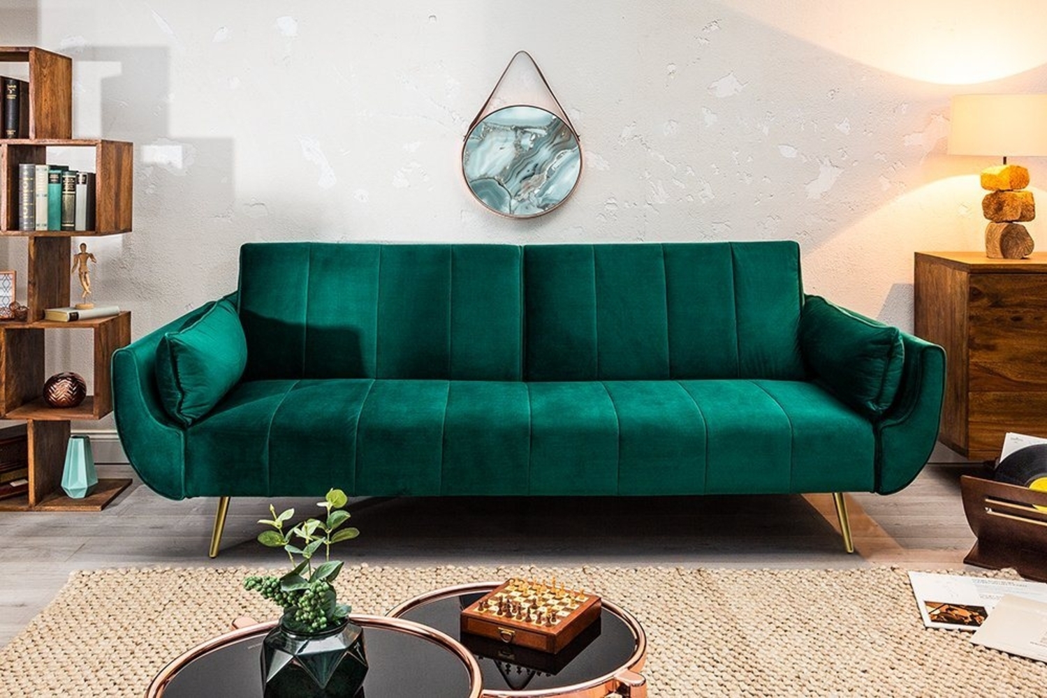 riess-ambiente Schlafsofa DIVANI 220cm smaragdgrün / gold, Einzelartikel 1 Teile, Wohnzimmer · Samt · 3-Sitzer · Couch mit Bettfunktion · Retro Design Bild 1