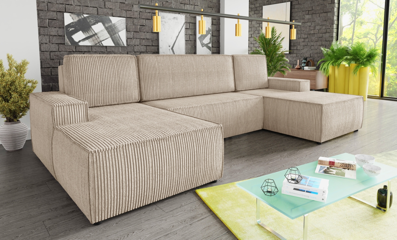 Wohnlandschaft mit Schlaffunktion Totti - U-Form Couch, Schlafsofa mit Bettkasten, Couchgranitur mit Bettfunktion, Big Sofa, Cord Stoff, Wohnzimmer (Beige (Poso 100)) Bild 1