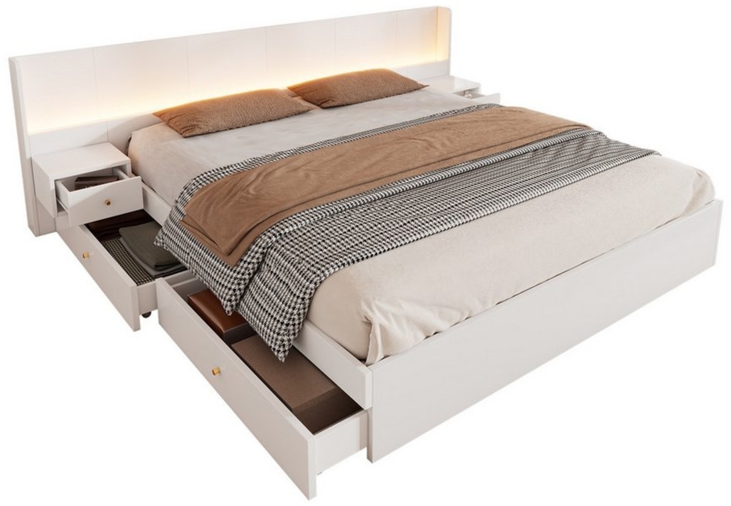 HAUSS SPOLE Polsterbett 180x200 cm mit LED-Beleuchtung und Steckdose, 2 Nachttische, weiß (Holzbett, Jugendbett, Doppelbett, 1-tlg, 2 Schubladen, 2 Nachttische, 180*200cm, ohne Matratze), mit USB-Schnittstelle, Steckdose,steuerbar per Mobile APP Bild 1