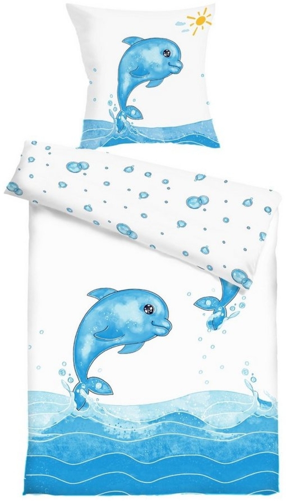 Koru Kids Kinderbettwäsche Wendebettwäsche Delfin, 100%Baumwolle (Mako Satin), 2 teilig, als Kinderbettwäsche 135x200 oder Babybettwäsche 100x135 Bild 1