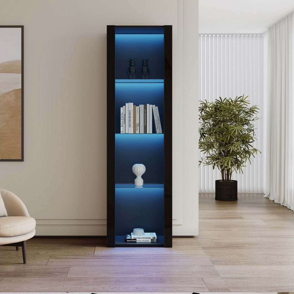 Merax Standvitrine schmal Vitrinenschrank mit 4 Fächern, APP Steurung mit LED und Glaseinlgeböden,Glasvitrine hochglanz,H:166cm Bild 1