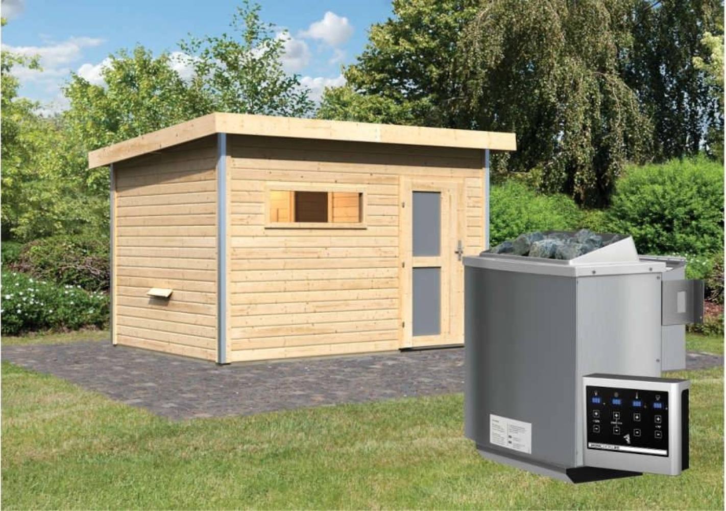 Karibu Sauna Skrollan 2 naturbelassen + 9 kW BIO-Kombiofen mit ext. Steuerung Easy Moderne Tür Bild 1