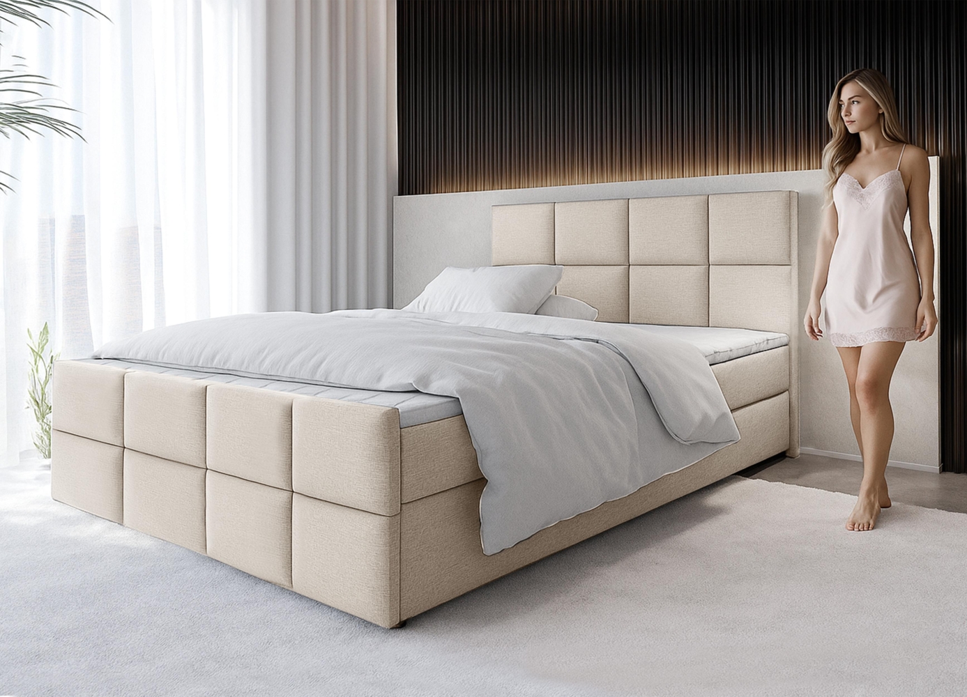 AX LIVING Boxspringbett Beige Aleyna Bett 180 x 200 mit Bettkasten Bild 1