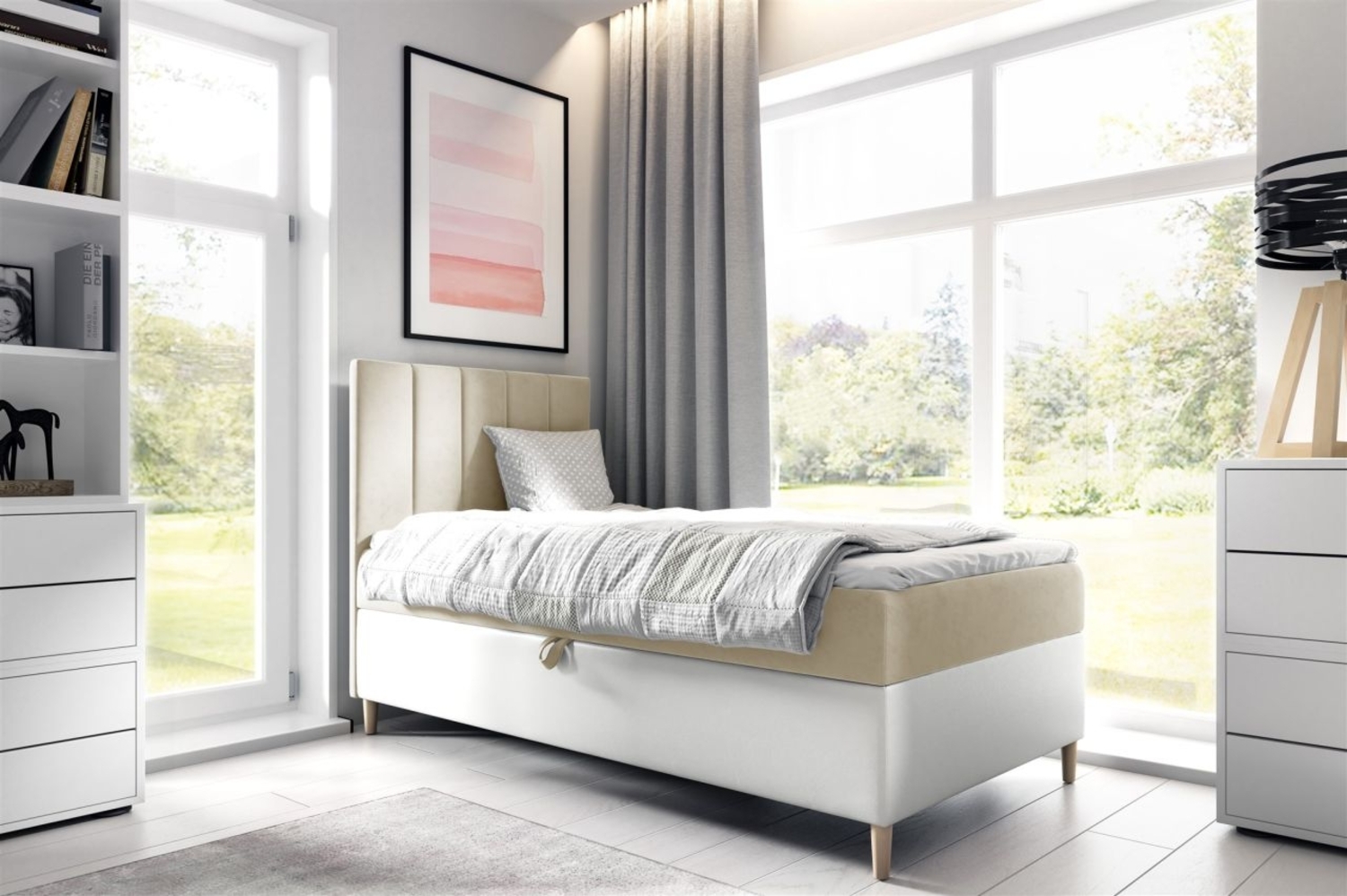 Boxspringbett Gästebett Kinderbett HELVI Nr. 1 100x200cm Weiss-Beige Bild 1