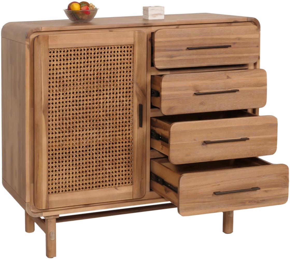 Kommode HWC-M47, Schrank Sideboard Highboard, Staufächer Schublade, Rattan Akazie Massiv-Holz gebeizt 101x109x45cm 44kg Bild 1