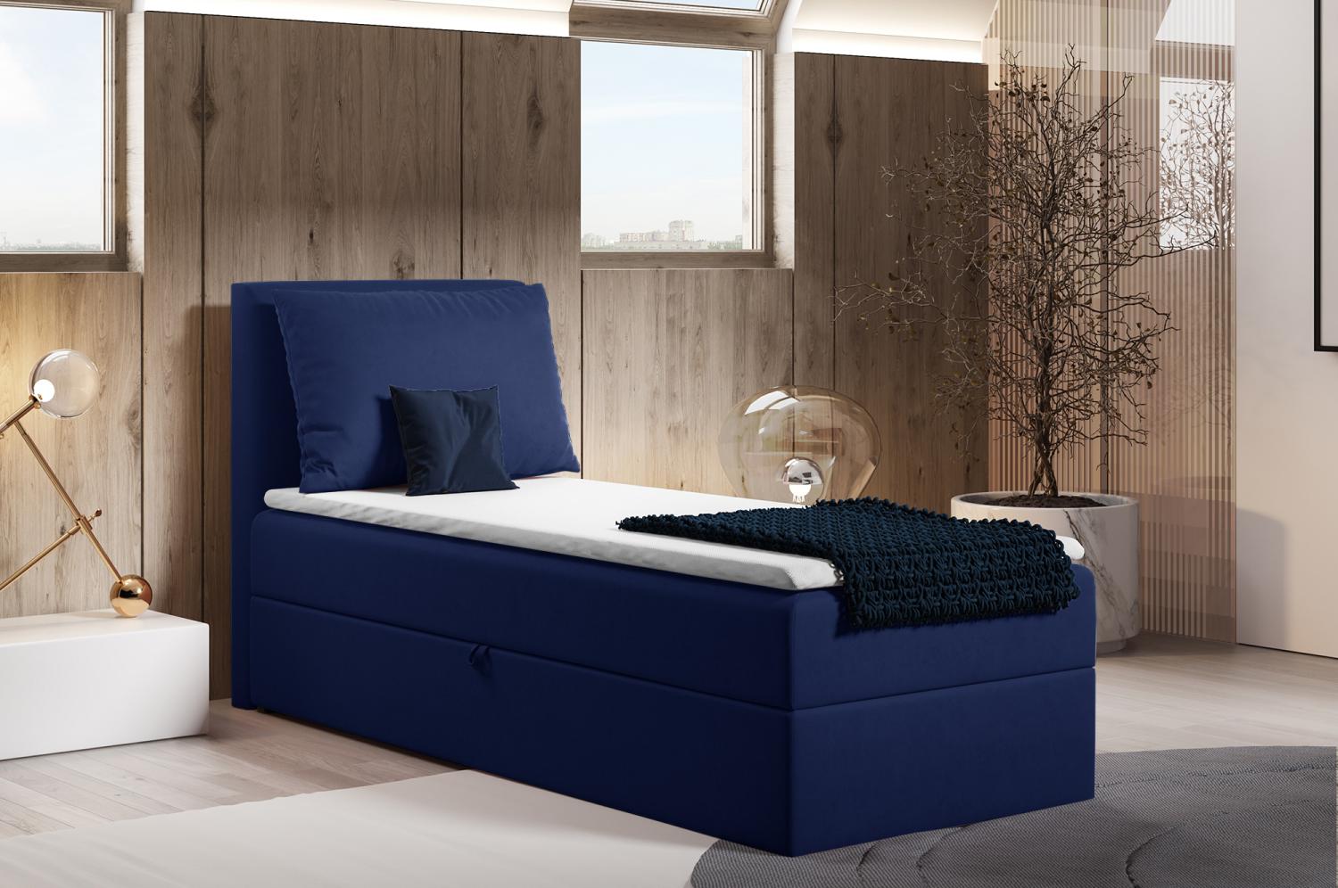 Boxspringbett Egro Mini mit Bettkasten und Kissen - Einzelbett mit Bonell-Matratze und Topper, Polsterbett (Dunkelblau (Kronos 09), 80 x 200 cm) Bild 1