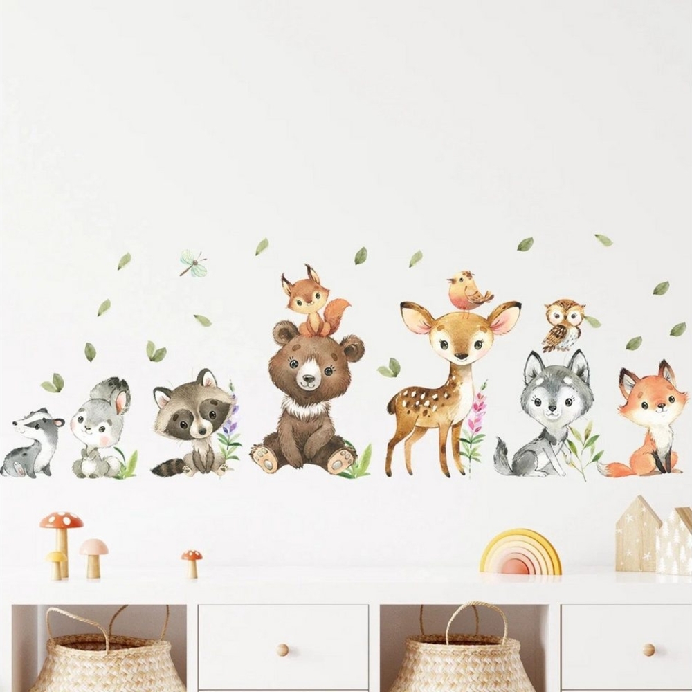 Montegoni Wandsticker Kinder Tier Wandaufkleber,Wandtattoo mit Waldtieren (Wandaufkleber für Kinderzimmer, Braunbär Hirsch Hase Tier, Wandaufkleber), wasserdichte,abnehmbare Bild 1