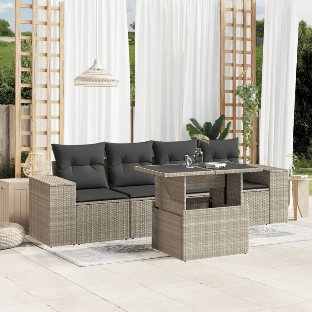 vidaXL 5-tlg. Garten-Sofagarnitur mit Kissen Hellgrau Poly Rattan 3268992 Bild 1