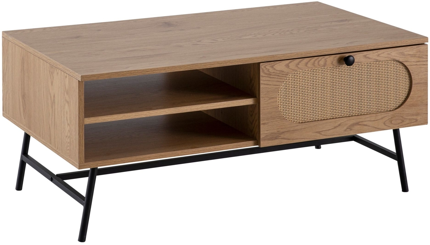 Couchtisch 100 x 60 x 45 cm Wohnzimmertisch mit Eiche-Dekor & Rattan, Sofatisch Rechteckig mit Stauraum, Kaffeetisch mit Schublade, Tisch Wohnzimmer mit Metallbeine Bild 1