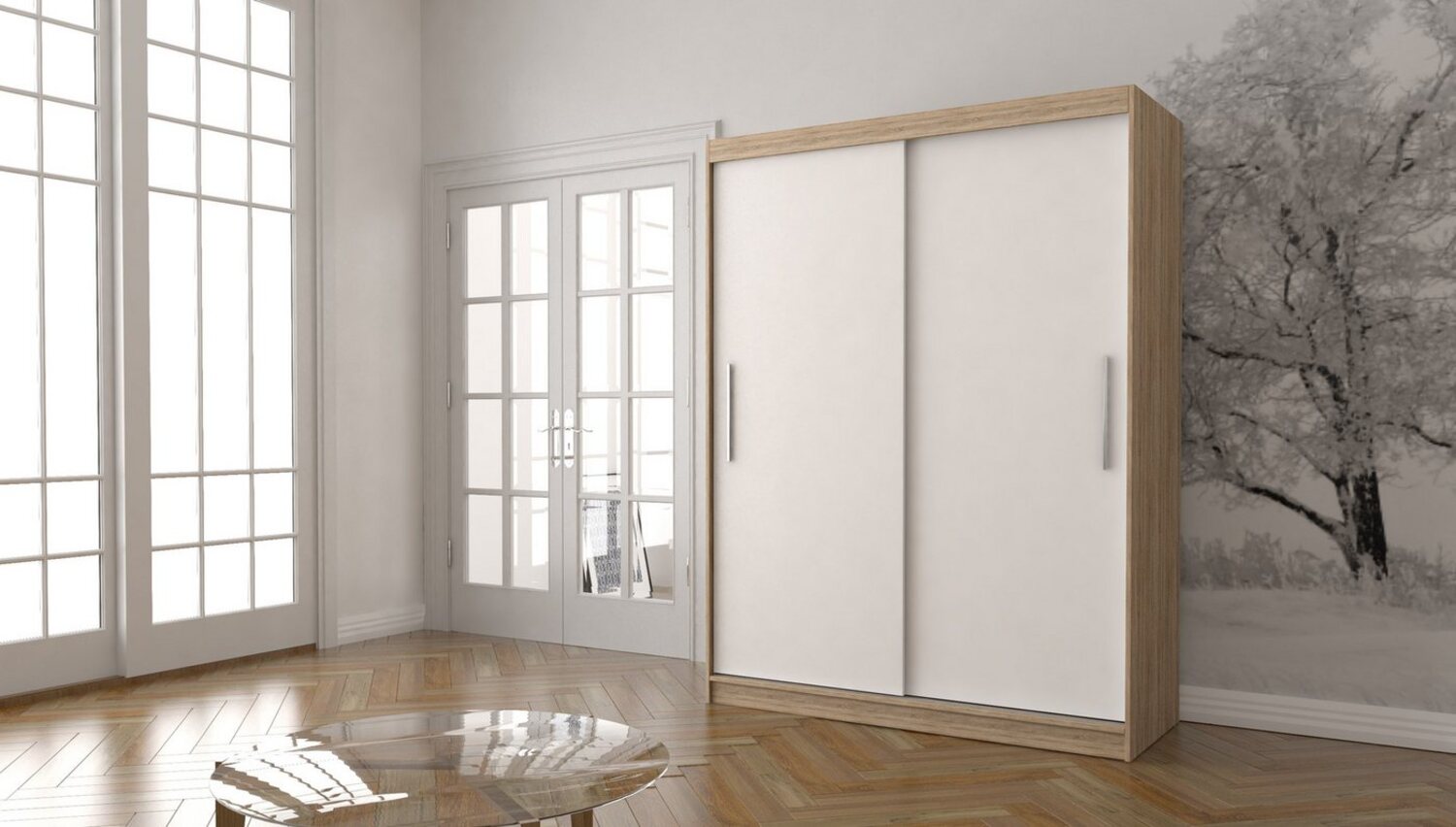 MOEBLO Kleiderschrank LARA 04 (Schwebetürenschrank 2-türig Schrank mit vielen Einlegeböden und Kleiderstange, Gaderobe Schiebtüren Schlafzimmer-Wohnzimmerschrank Modern Design) (BxHxT): 150x200x61 cm Bild 1