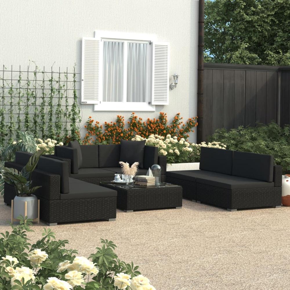 vidaXL 7-tlg. Garten-Lounge-Set Schwarz mit Auflagen Poly Rattan Bild 1