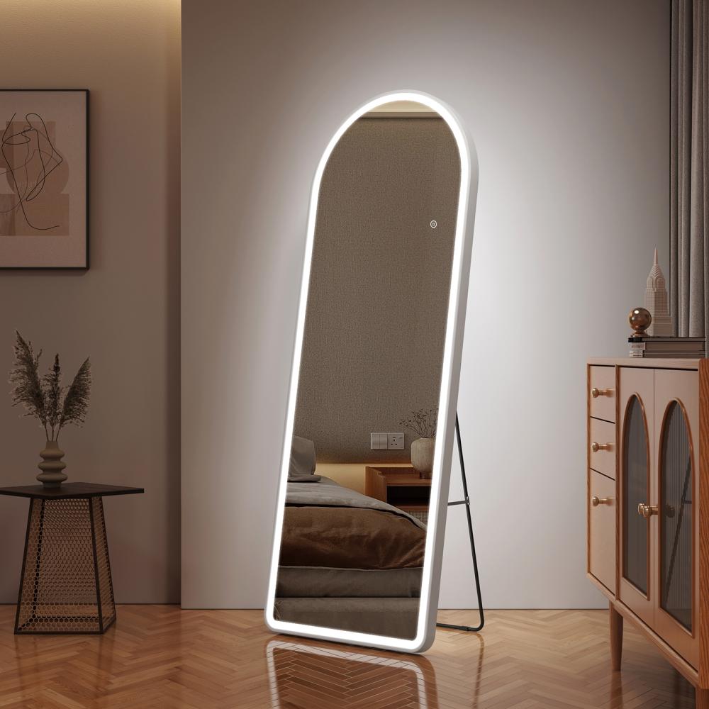 EMKE Bogen Standspiegel Ganzkörperspiegel mit LED Beleuchtung 3 Lichtfarbe Einstellbar Dimmbar, mit Rahmen aus Aluminiumlegierung Weiß 160x60cm Bild 1