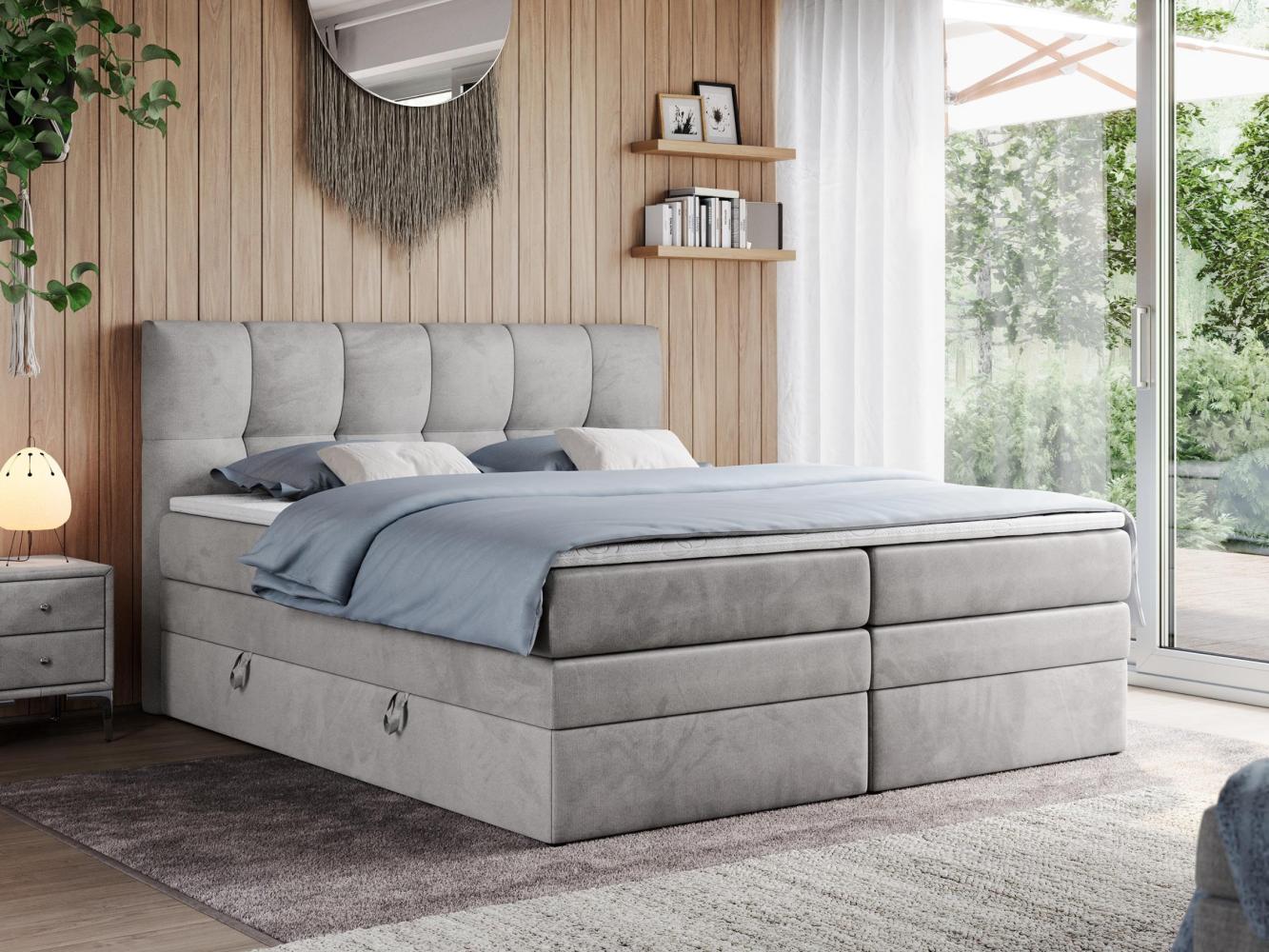 Boxspringbett mit Doppelmatratze - ALVIN-KING Hellgrau 200 x 200 cm Velours Hart (H4) Bild 1