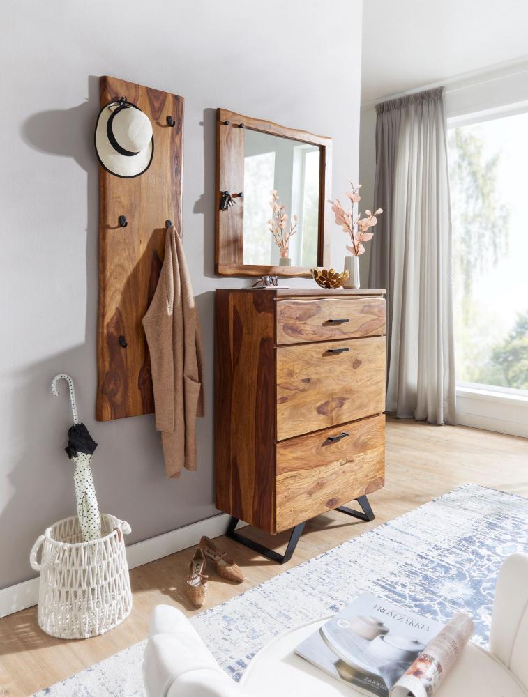 Garderoben-Set Sheesham Massivholz Kommode mit Wandgarderobe und Spiegel | Sideboard mit Wandspiegel und Flurgarderobe | Garderobe Komplett Flur Baumkante Bild 1