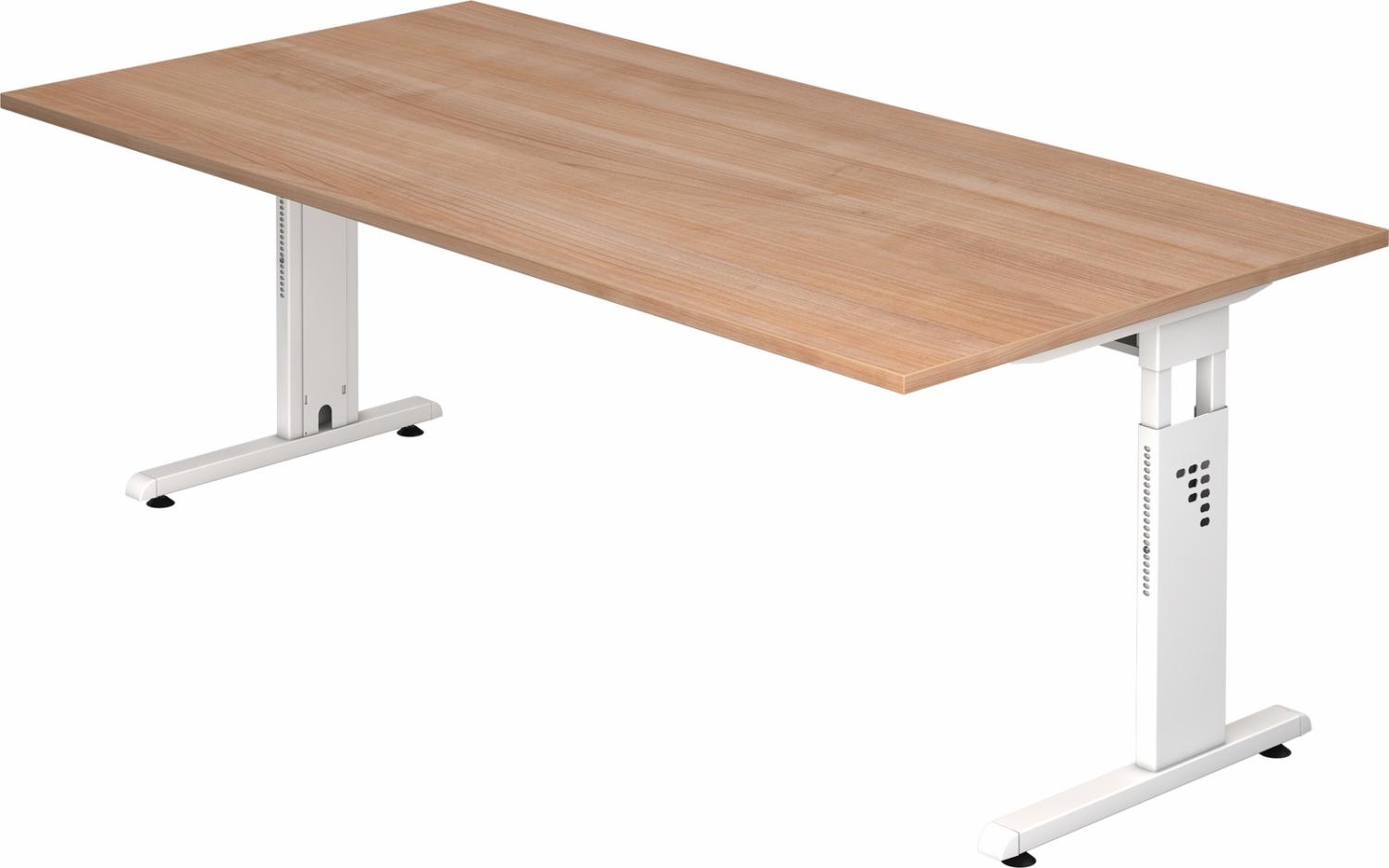 bümö höhenverstellbarer Schreibtisch O-Serie 200x100 cm in Nussbaum, Gestell in weiß - großer PC Tisch für's Büro manuell höhenverstellbar, Computertisch verstellbar, OS-2E-N-W Bild 1