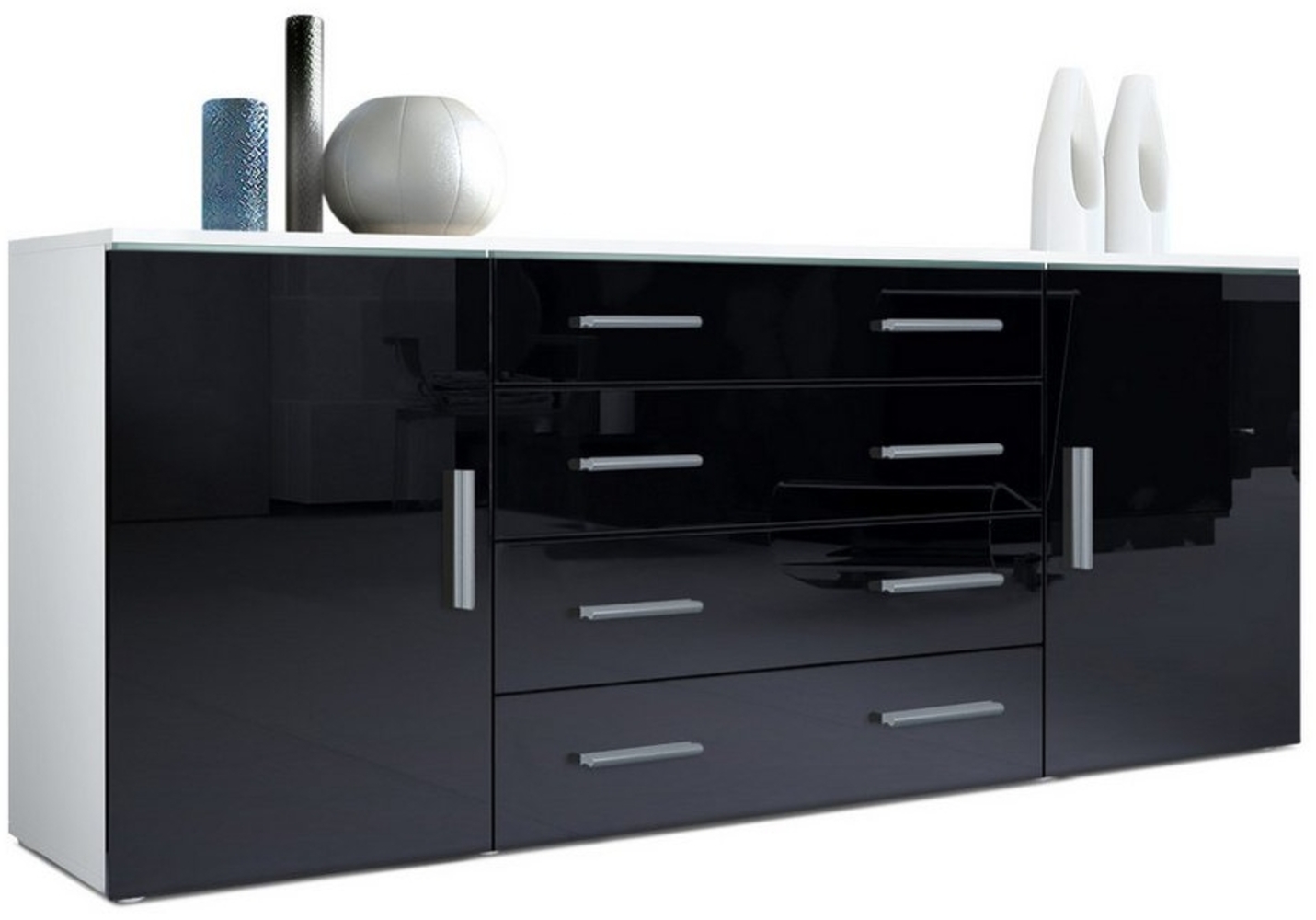 Vladon Sideboard Faro V2, Kommode mit 2 Türen und 4 Schubladen, Weiß matt/Schwarz Hochglanz (166 x 72 x 35 cm) Bild 1