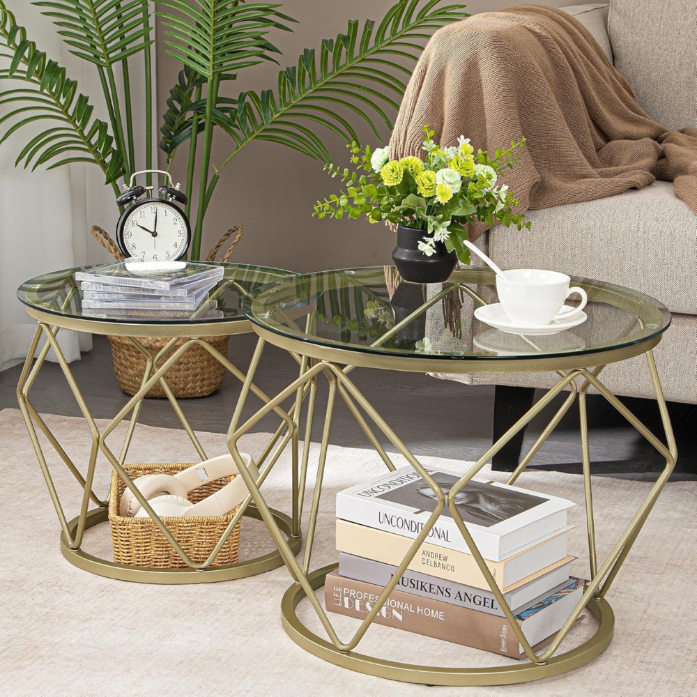 Couchtisch rund, 2er Set Beistelltische, Beistelltisch-Set mit Metallrahmen, Kleiner Beistelltisch für Wohnzimmer, Schlafzimmer, Büro, Schlafzimmer, Gold Bild 1