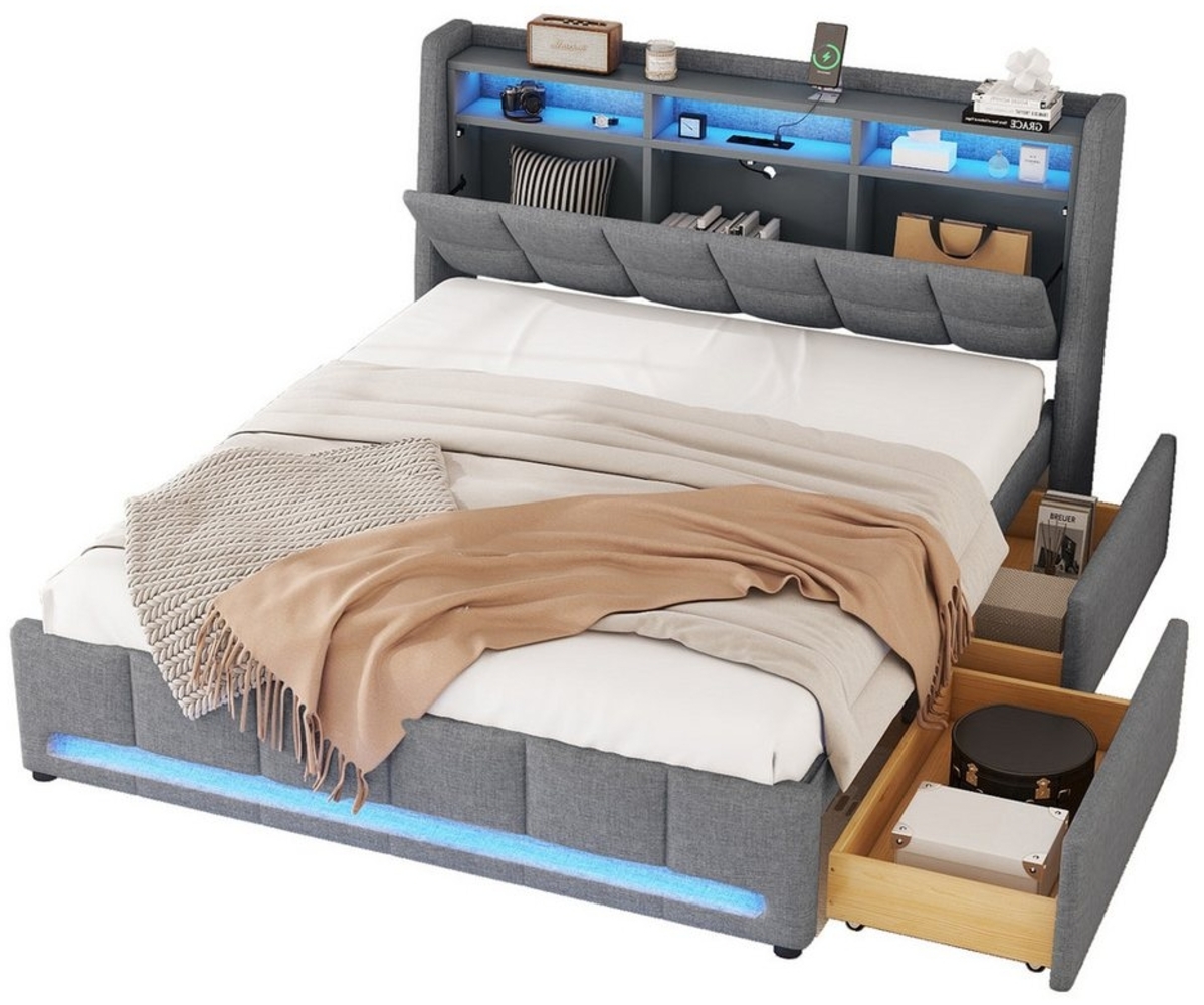 MODFU Polsterbett Doppelbett Gästebett Jugendbett Stauraumbett Kinderbett Funktionsbett (mit LED-Beleuchtung, USB-Stecker & Schubladen, ideal für Schlafzimmer & Jugendzimmer, 140x200 cm), Ohne Matratze Bild 1