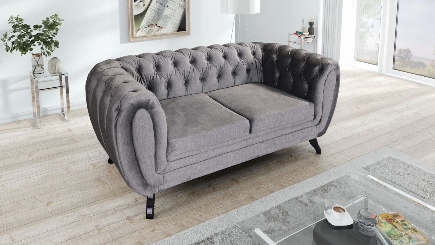 Edles Chesterfield Sofa 2 Sitzer Velours grau Couch Polstersofa Wohnlandschaft Bild 1