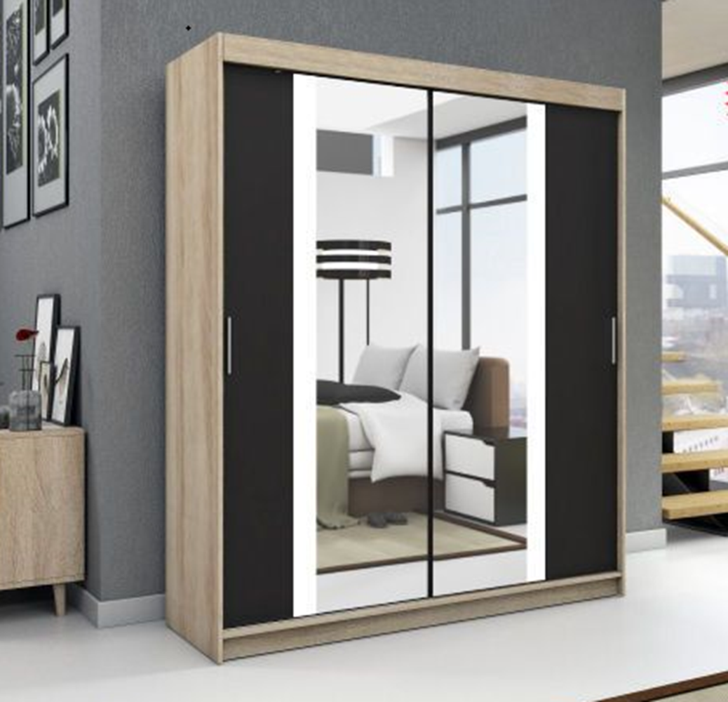 Schwebetrenschrank BRUNI 2-trig Schrank 160 cm (mit Spiegel) Farbe: Sonoma , schwarz Bild 1