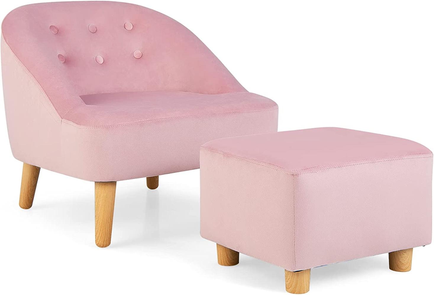 COSTWAY Kindersofa mit Hocker, Kinderstuhl mit Flügellehne, Kleines Sofa für Kleinkinder 3-5 Jahre, Samt-Kindercouch für Spielzimmer & Kinderzimmer, Kindersessel mit Ottomane (Rosa) Bild 1