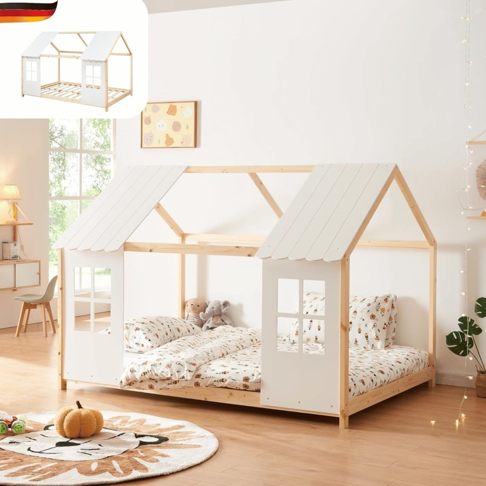 DELUKE® Kinderbett 140x200 GELO - mit Lattenrost Rausfallschutz Haus-OptikEinzelbett aus Holz Hausbett Kinderzimmer Montessori Bett Braun Bild 1