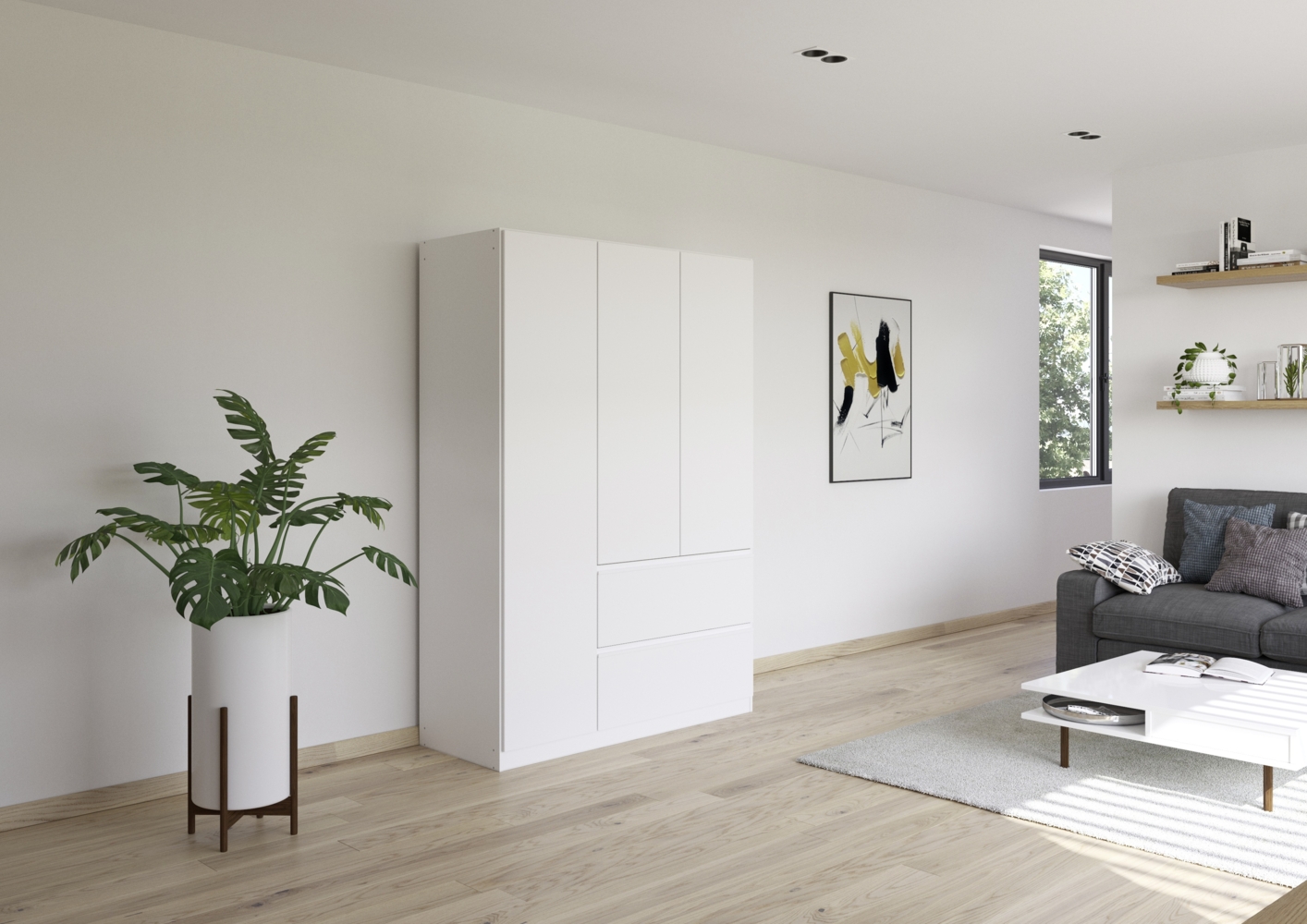 rauch Joel, Kleiderschrank, 3-türig, 2 Schubladen, push-to-open, mit 2 Kleiderstangen und 2 Einlegeböden, Farbe Weiß, BxHxT 136x197x54cm Bild 1