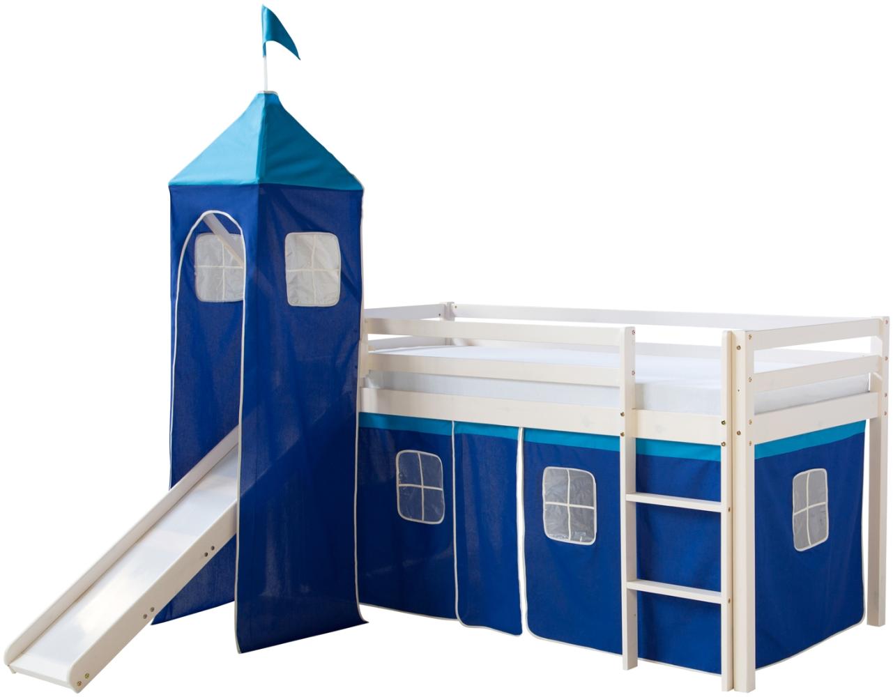 Hochbett mit Lattenrost, Turm, Rutsche, Stockbett, Kinderbett, Spielbett, Blau, 90 x 200 cm Bild 1