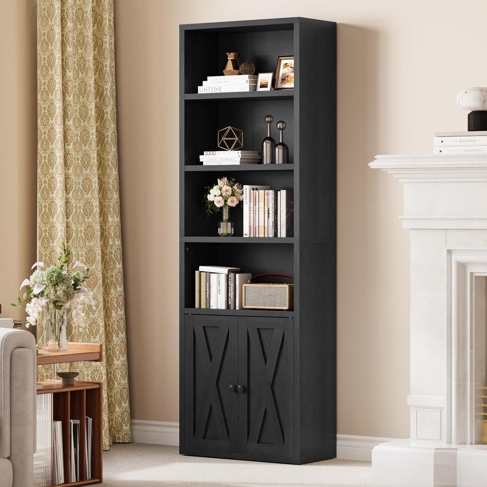 YITAHOME Bücherregal, Bodenstehend Standregal mit Schrank, Industrieregale, Lagerregal, Holzwürfelregal, Hoher Lagerschrank für Wohnzimmer, Arbeitszimmer, Küche, Heimbüro, Schwarz Bild 1