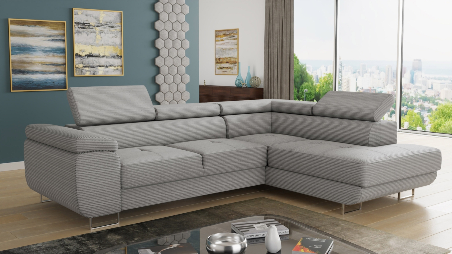 Ecksofa Caris mit Schlaffunktion und einstellbare Kopfstützen, Cord Stoff, Wohnlandschaft mit Bettkasten, Couch, Sofa, Bettsofa (Grau (Poso 110), Ecksofa Rechts) Bild 1