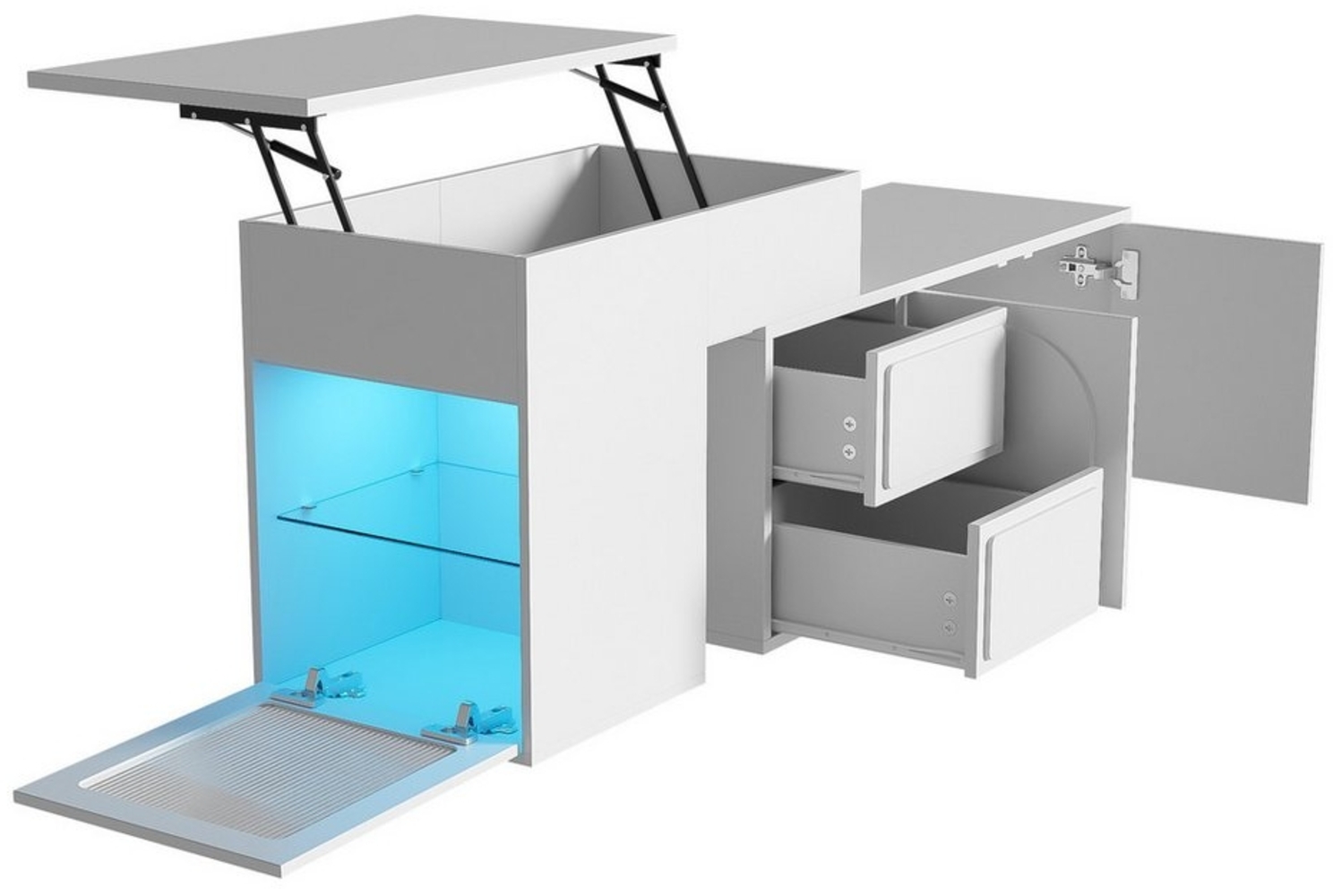OKWISH Schreibtisch Multifunktionaler weißer Seitenschrank (Computertisch, Sideboard,Kommode, 1-St, 2 Schubladen, höhenverstellbarem Tisch), mit 16-farbig einstellbarer Beleuchtung, Glasregalen und Türen Bild 1