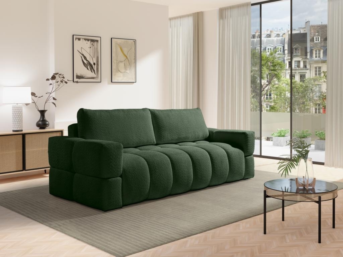 Vente-unique - Sofa 3-Sitzer mit Schlaffunktion - Bouclé-Stoff - Grün - ISSORO II Bild 1