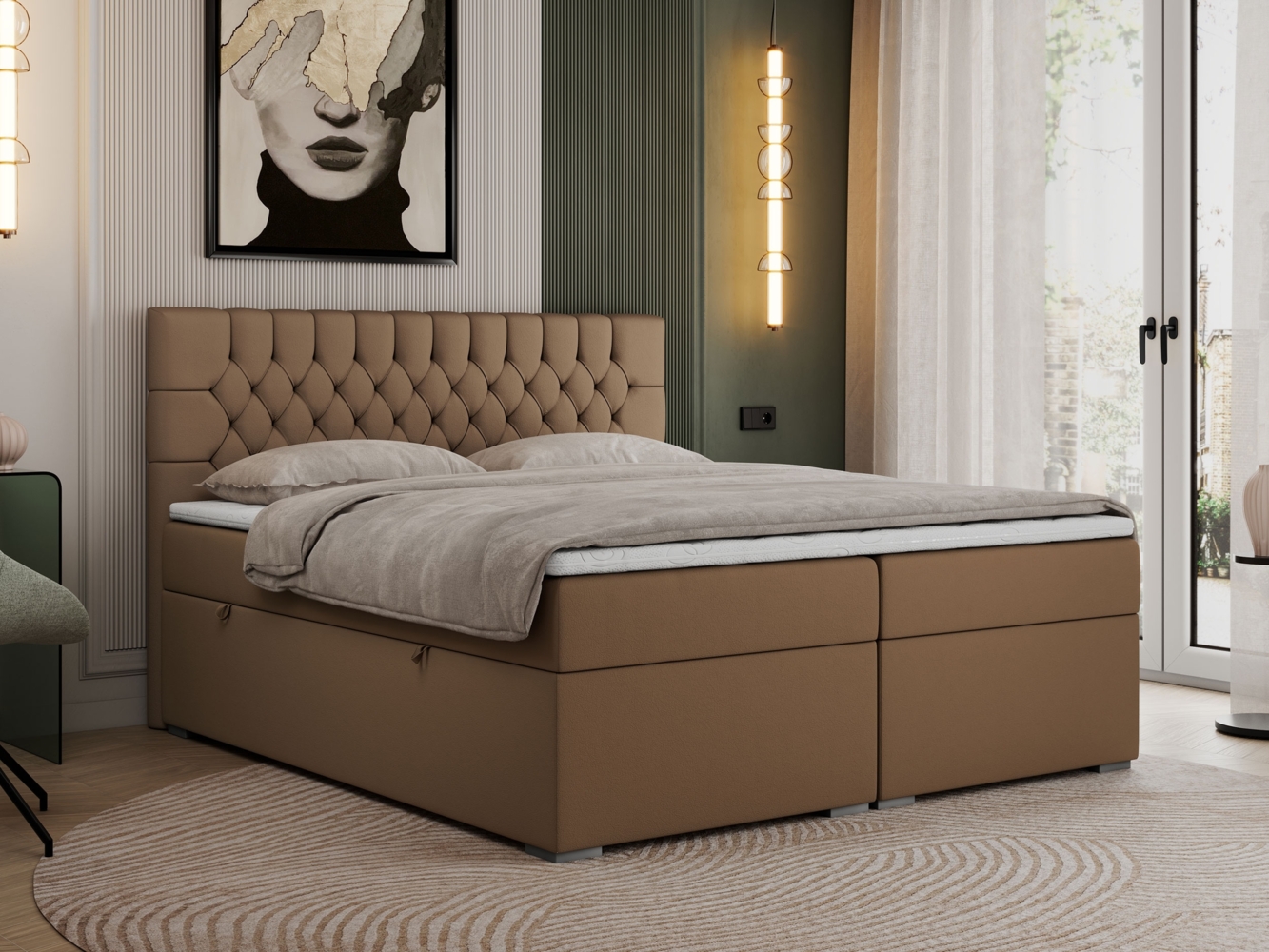 Boxspringbett mit 2 Bettkästen, Matratze und Topper - PERA - 140x200cm - Braun Kunstleder - H3 Bild 1