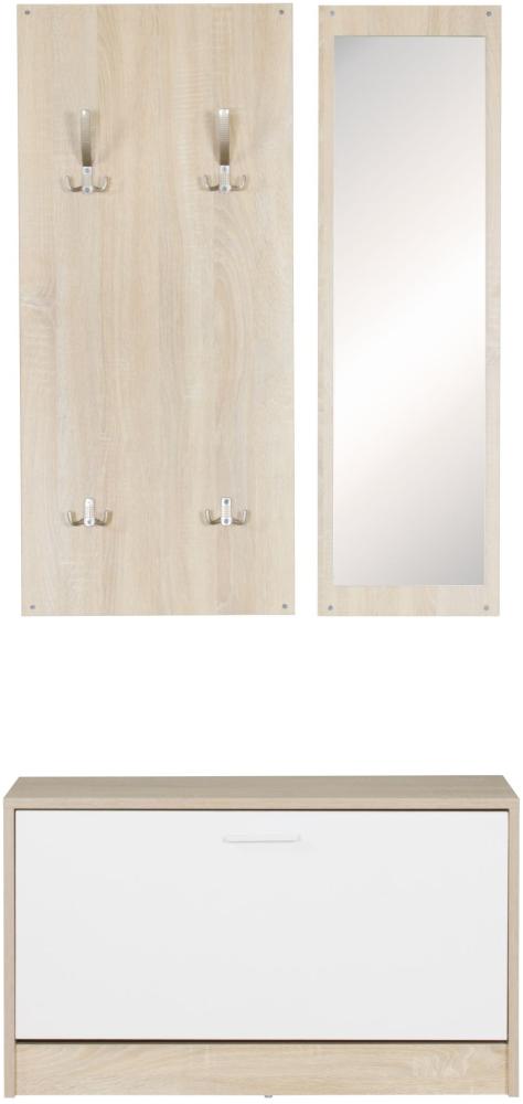 Kadima Design Wandgarderobe "Delft" mit Spiegel: Platz für 8 Paar Schuhe, 10 Metallhaken, Melaminharzbeschichtung. Beige, 80x27x180 cm Bild 1