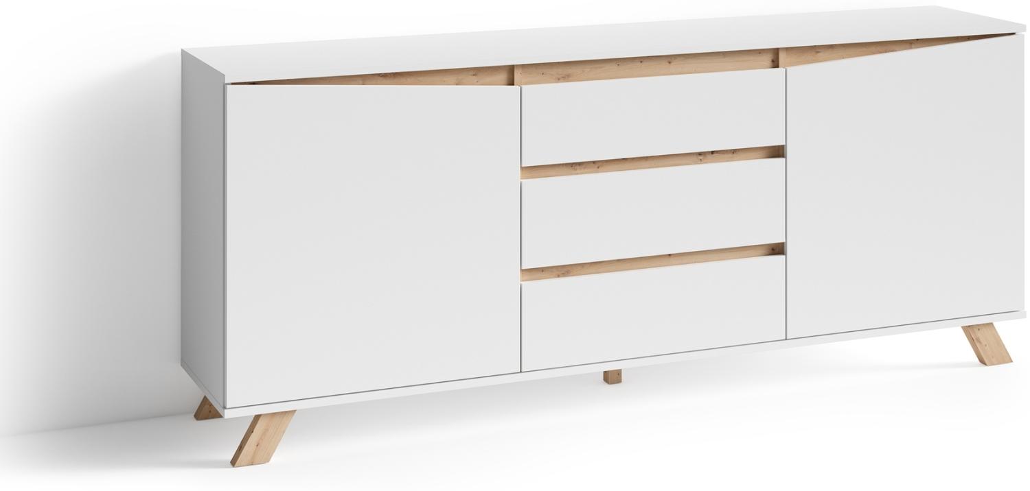 byLIVING Sideboard VALENTIN / Kommode matt weiß mit Absetzung in Eiche-Optik / Schrank mit 2 Türen und 3 Schubkästen / Im Scandi-Style / Grifflos / B 180, H 80, T 38 cm Bild 1