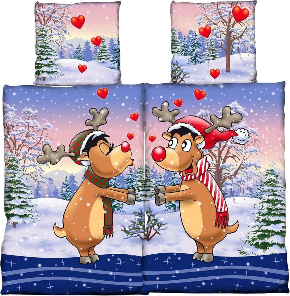 Buymax Bettwäsche Fleece Bettbezug-Set Cartoon, Fleece, 4 teilig, 135x200 cm, 4-teilig, Winter Bettwäsche Set, Schnee, Rentiere, Tannen Bild 1