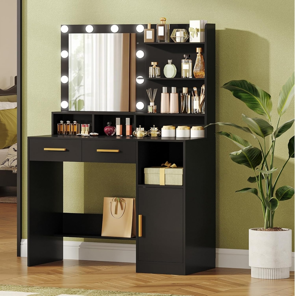Schminktisch mit Spiegel und 10 LED-Beleuchtung, Einstellbare Helligkeit, Schminkkommode mit 2 Schublade & 1 Schrank, 3 Ablagen & 4 offenen Fächern, Schwarz Bild 1