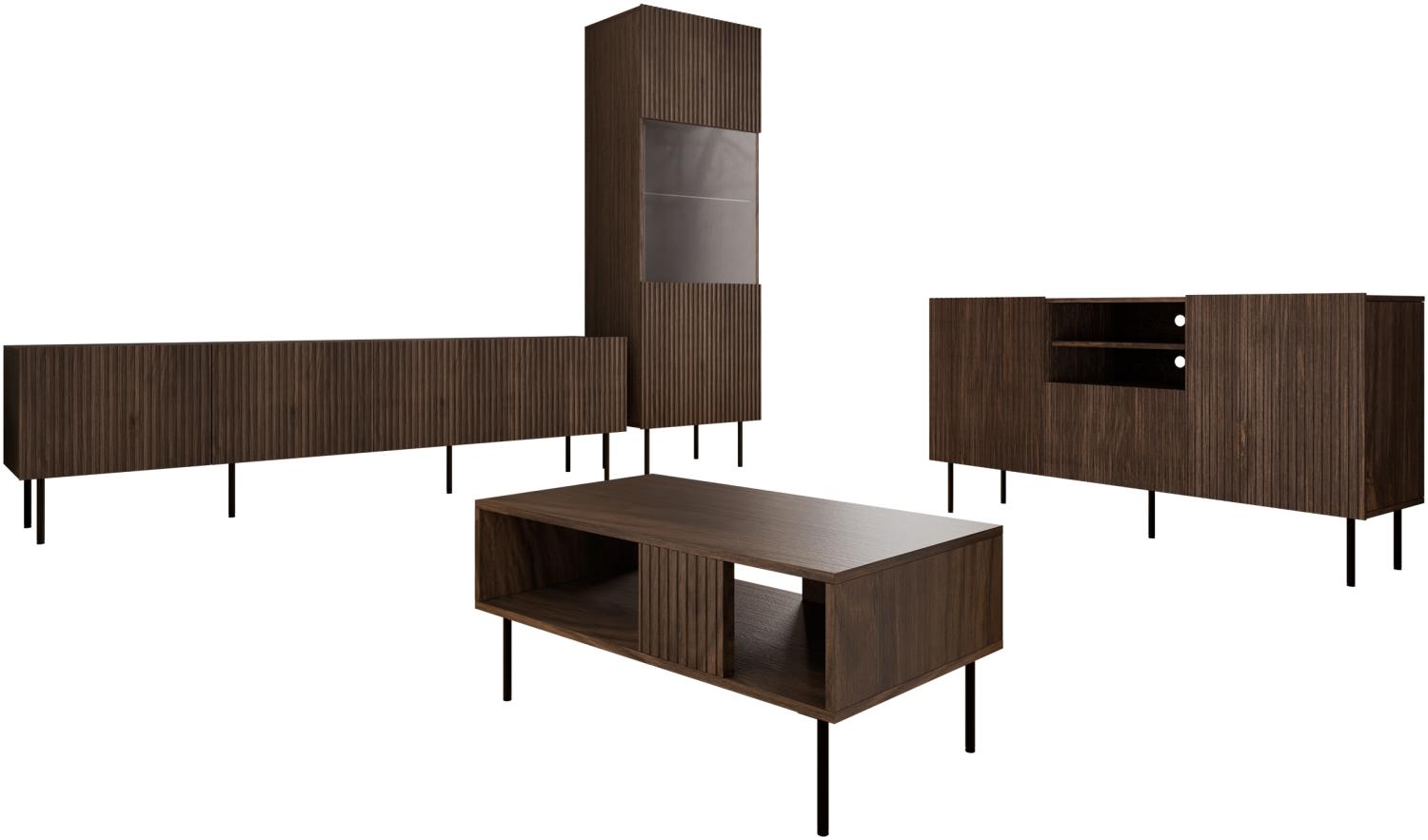 Wohnzimmer-Set Trigev I Kommode, TV-Lowboard, Couchtisch, Vitrine (Farbe: Nuss Warmia) Bild 1