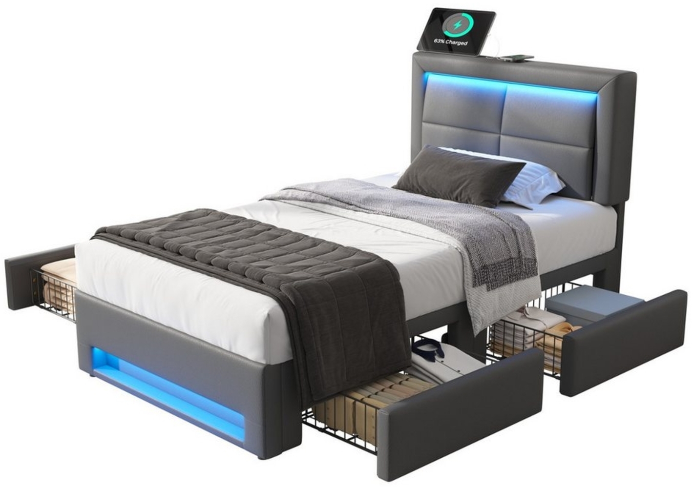 BlingBin Polsterbett Jugendbett mit LED-Beleuchtung und vier Schubladen, PU-Litschi-Muster (1er Set, 1-tlg, 90x200 cm, Ohne Matratze, Max Belastbarkeit: 150KG, Grau), Mit USB-Anschluss (Unterstützt Kabelloses und Kabelgebundenes Laden) Bild 1
