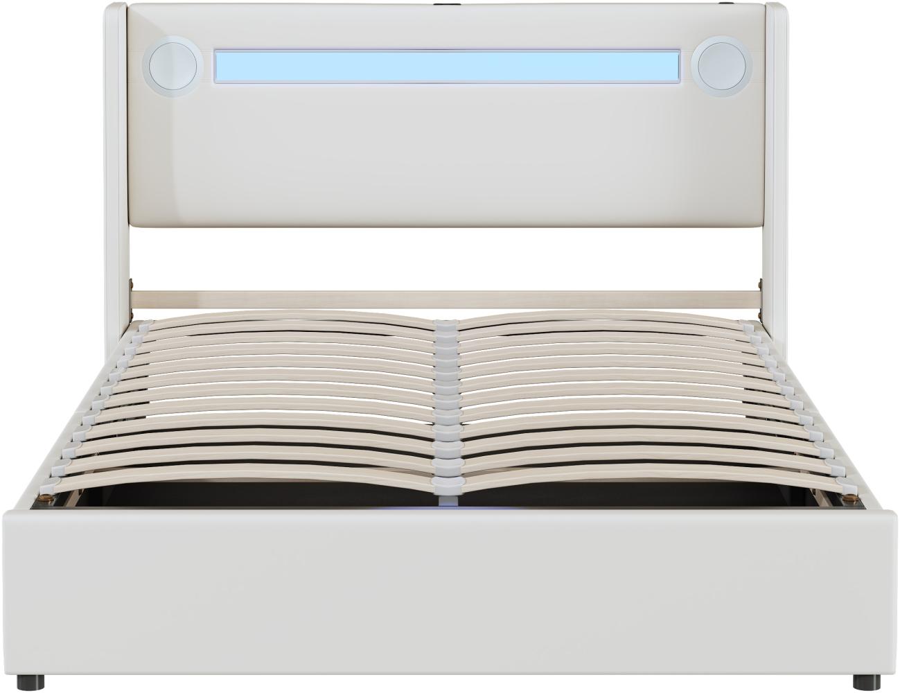 Merax Polsterbett 140x200 Bett mit LED-Lichtleiste, Bluetooth-Player und USB-Aufladung, Stauraumbett aus PU-Leder, Doppelbett Weiß Bild 1