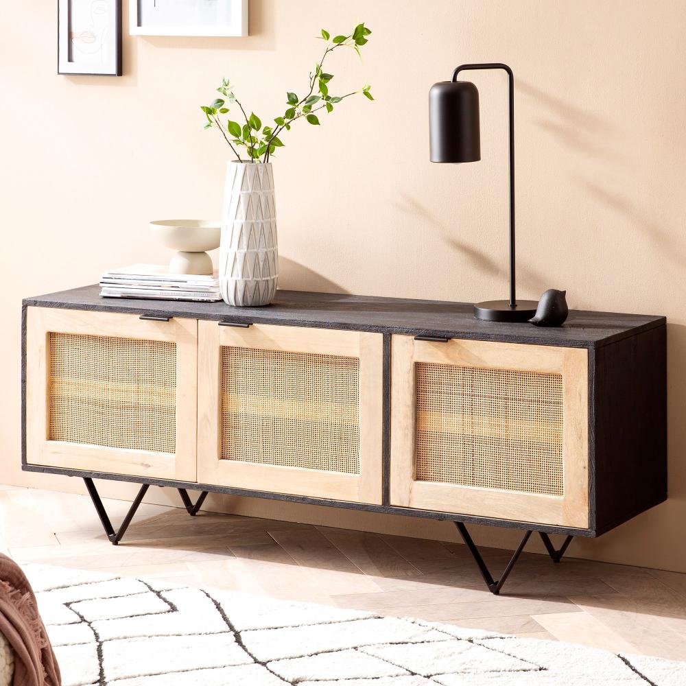 FineBuy Sideboard 145x55x40 cm Mango Massivholz / Rattan Kommode mit 3 Türen, Niedriger Kommodenschrank Schwarz / Braun, Standschrank Wohnzimmer, Anrichte Rohrgeflecht Schwarz Bild 1