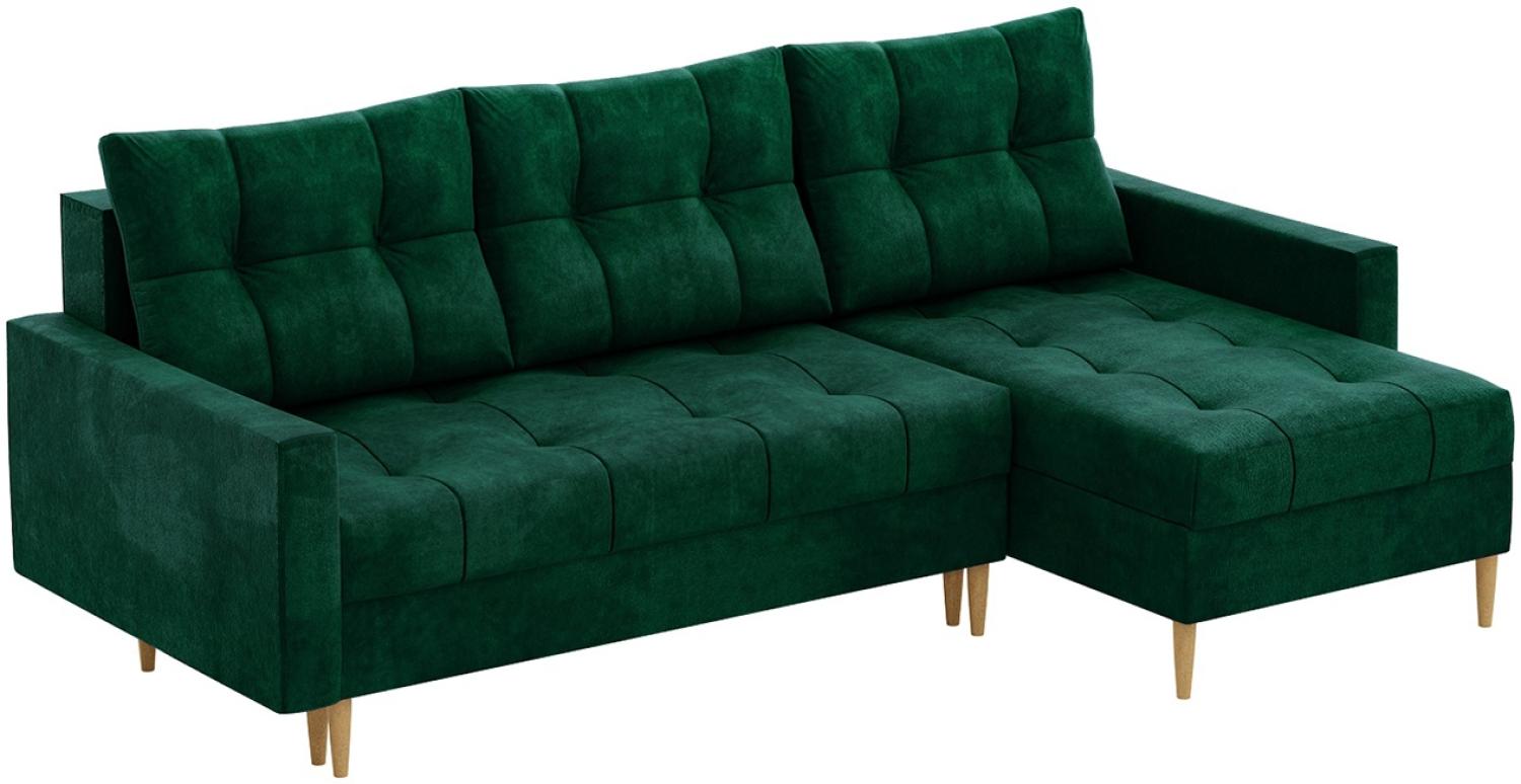 MEBLINI Schlafcouch mit Bettkasten - SCANDO - 220x140x75cm - Grün Samt - Kleines Ecksofa mit Schlaffunktion - Sofa mit Relaxfunktion und Kissen - Kleine Couch L-Form - Eckcouch Bild 1